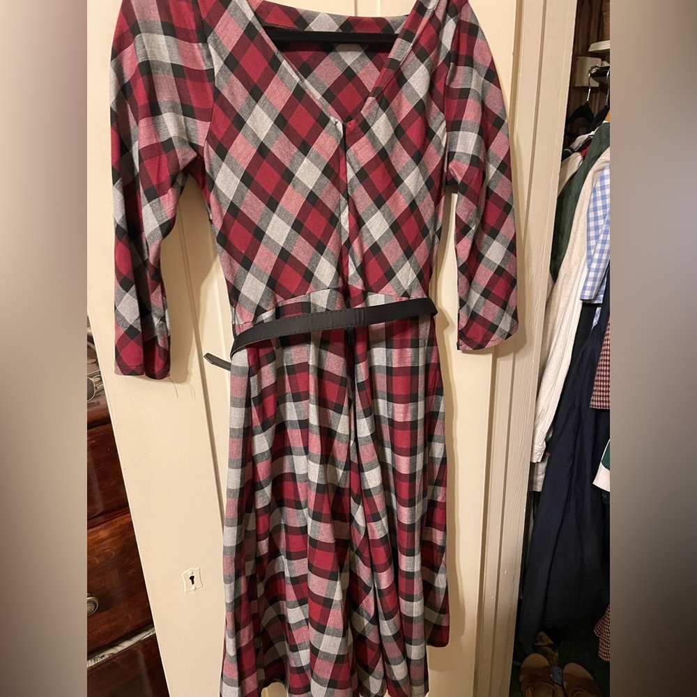 Unique Vintage Red Gray Black Plaid Fit-and-Flare Dress - Picture 2 of 6